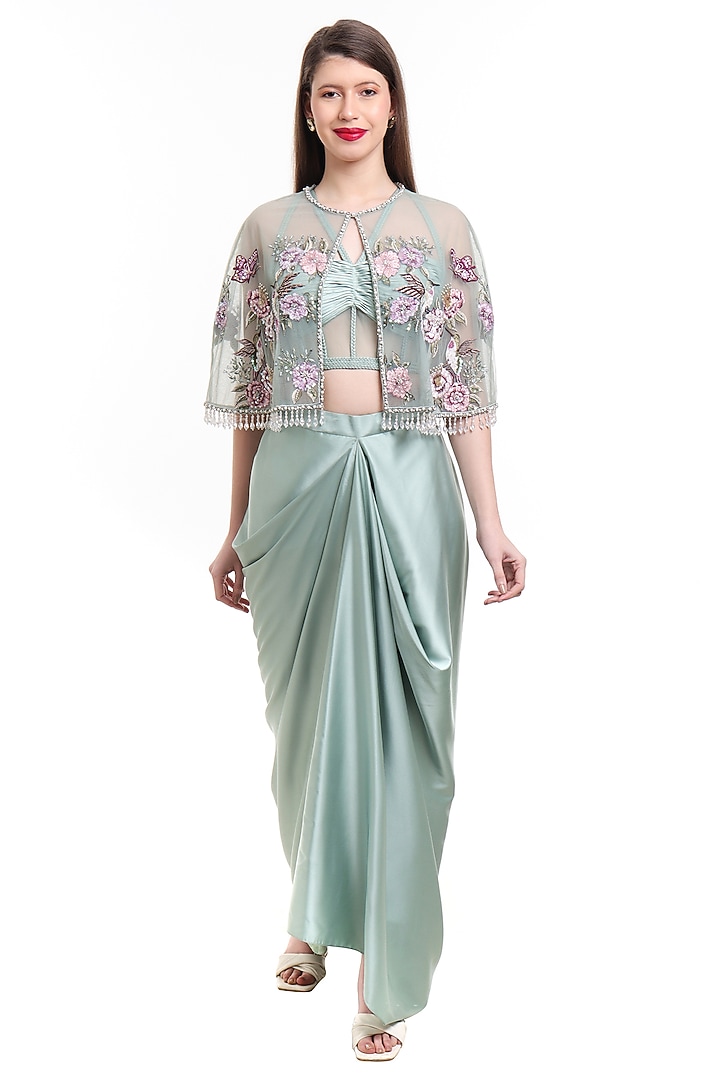 Mist Jade Green Satin Draped Skirt Set by Isha Regalia at Pernia's Pop Up Shop