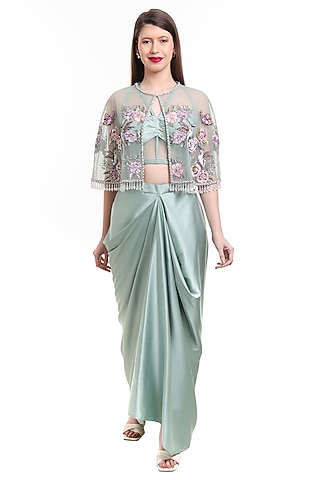 Mist Jade Green Satin Draped Skirt Set by Isha Regalia