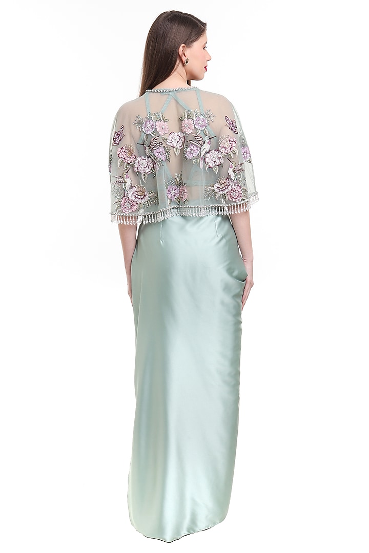 Mist Jade Green Satin Draped Skirt Set by Isha Regalia at Pernia's Pop Up Shop