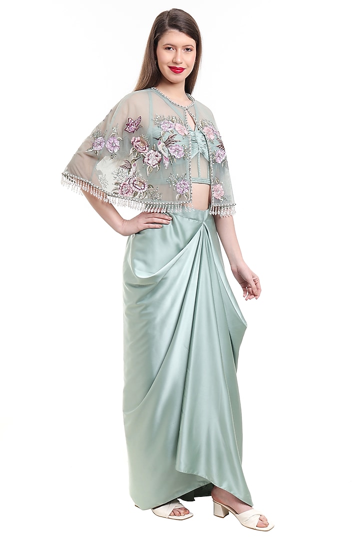 Mist Jade Green Satin Draped Skirt Set by Isha Regalia at Pernia's Pop Up Shop