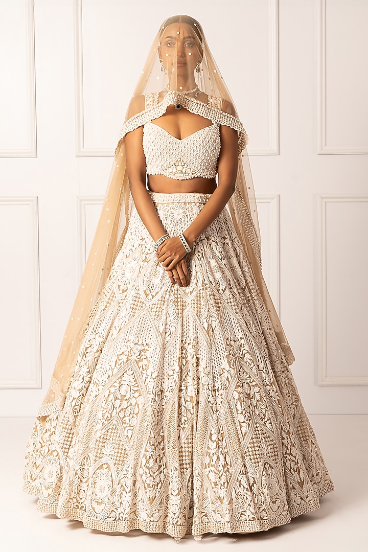 Beige Satin & Net Pearl Embroidered Bridal Lehenga Set by Isha Regalia at Pernia's Pop Up Shop