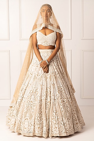 Beige Satin & Net Pearl Embroidered Lehenga Set by Isha Regalia