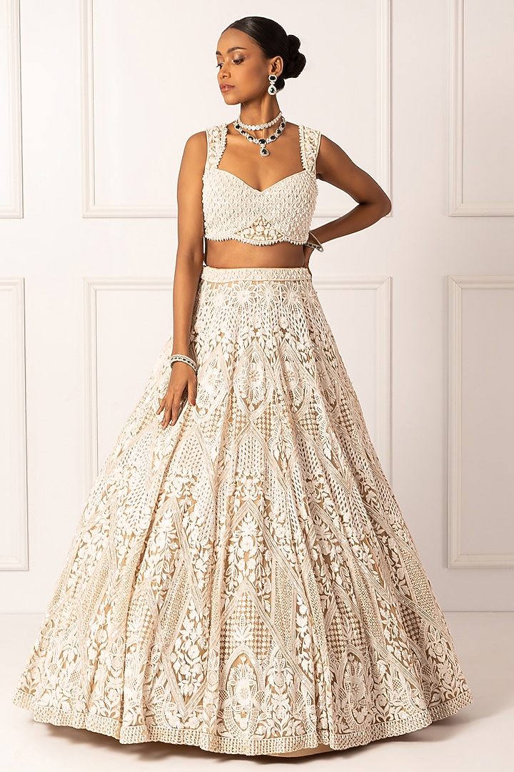 Beige Satin & Net Pearl Embroidered Bridal Lehenga Set by Isha Regalia at Pernia's Pop Up Shop