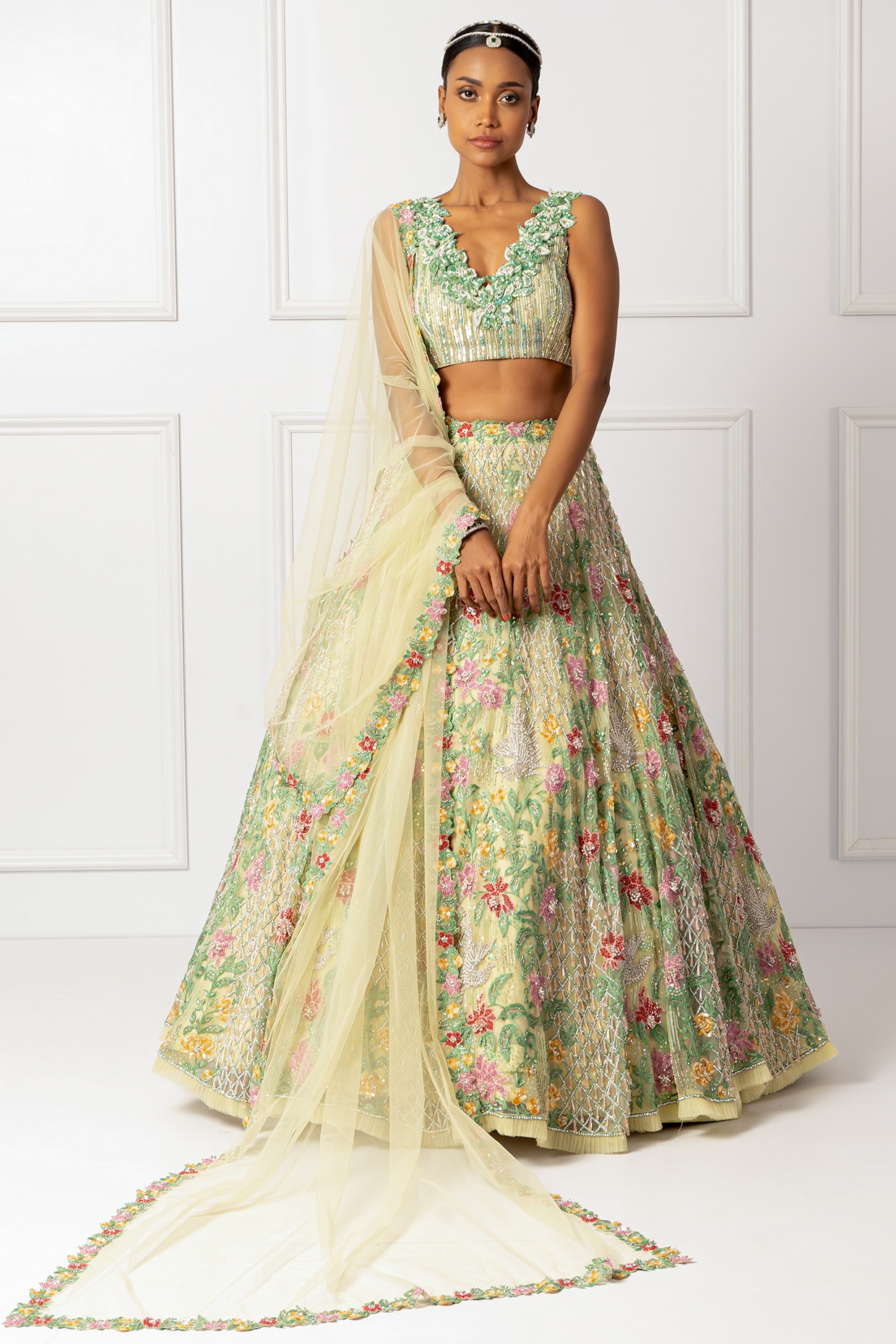 Isha Regalia Green Satin & Net 3D Floral Embroidered Lehenga Set