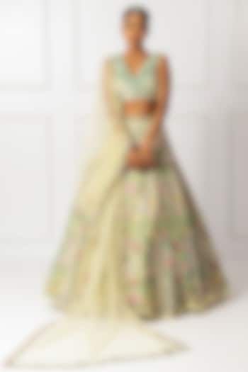 Green Satin & Net 3D Floral Embroidered Bridal Lehenga Set by Isha Regalia at Pernia's Pop Up Shop