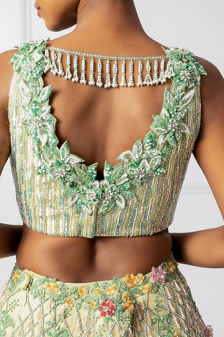 Green Satin & Net 3D Floral Embroidered Bridal Lehenga Set by Isha Regalia at Pernia's Pop Up Shop