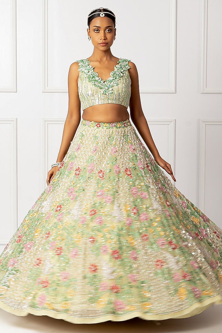 Green Satin & Net 3D Floral Embroidered Bridal Lehenga Set by Isha Regalia at Pernia's Pop Up Shop