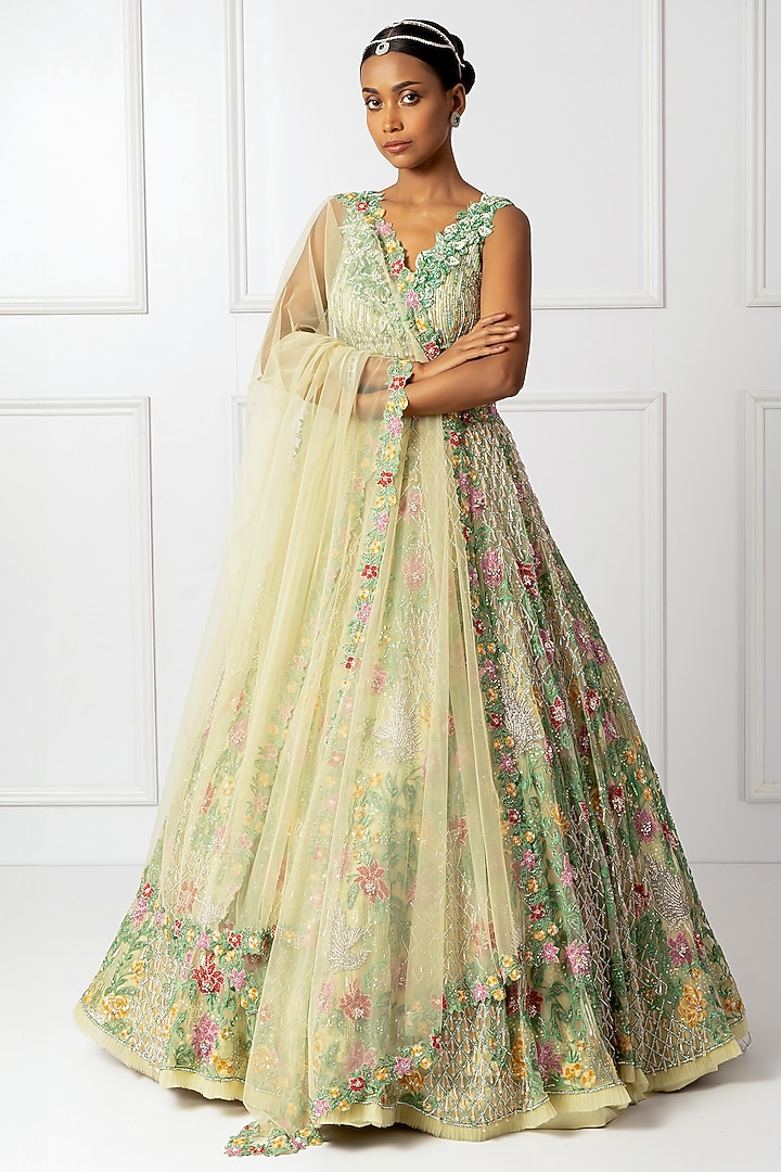 Green Satin & Net 3D Floral Embroidered Bridal Lehenga Set by Isha Regalia at Pernia's Pop Up Shop
