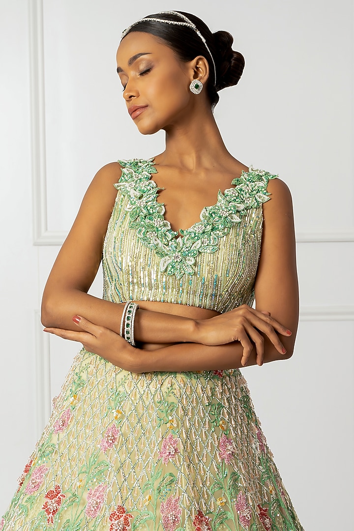 Green Satin & Net 3D Floral Embroidered Bridal Lehenga Set by Isha Regalia at Pernia's Pop Up Shop