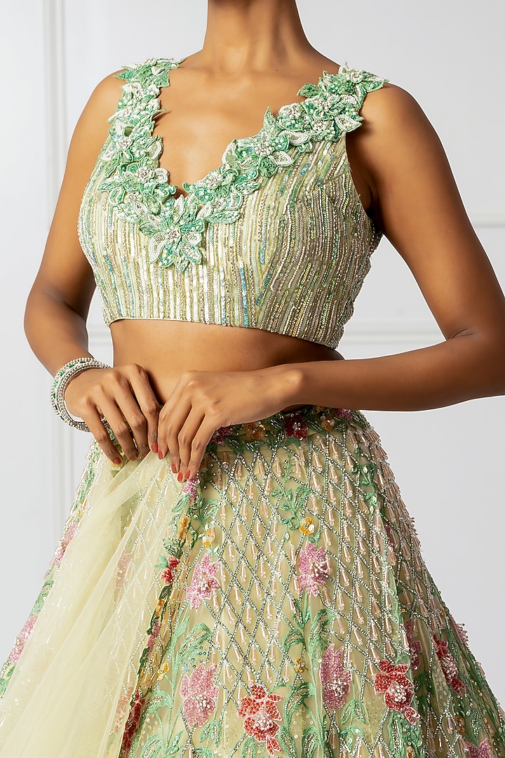 Green Satin & Net 3D Floral Embroidered Bridal Lehenga Set by Isha Regalia at Pernia's Pop Up Shop
