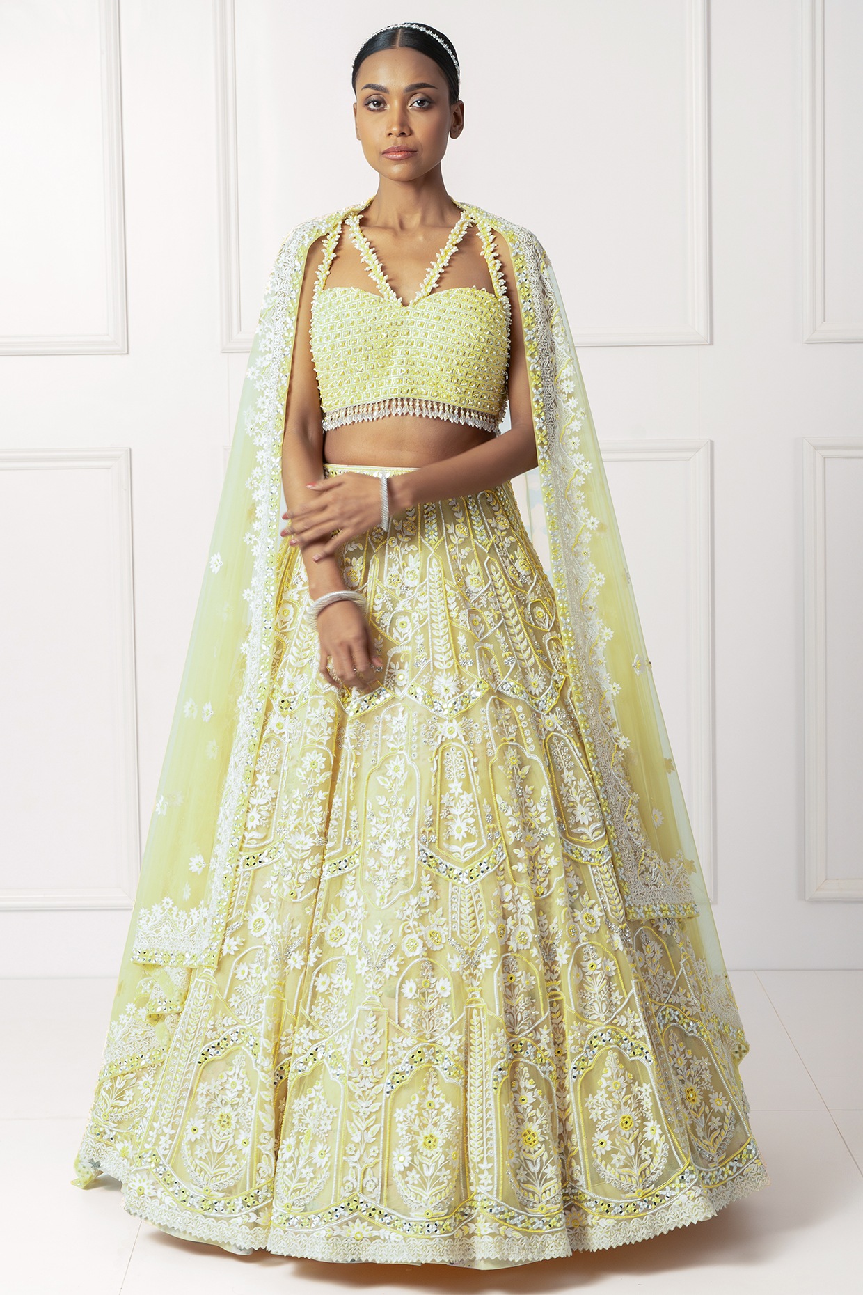Isha Regalia Yellow & Ivory Cotton Silk Floral Embroidered Lehenga Set