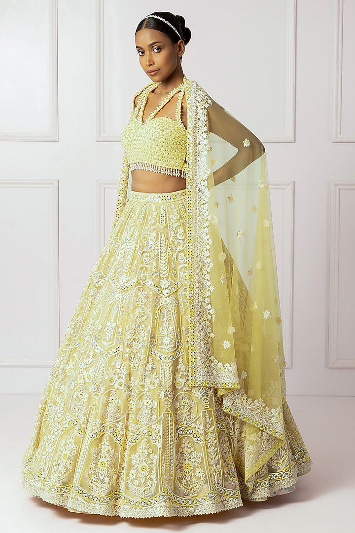 Yellow & Ivory Cotton Silk Floral Embroidered Bridal Lehenga Set by Isha Regalia at Pernia's Pop Up Shop