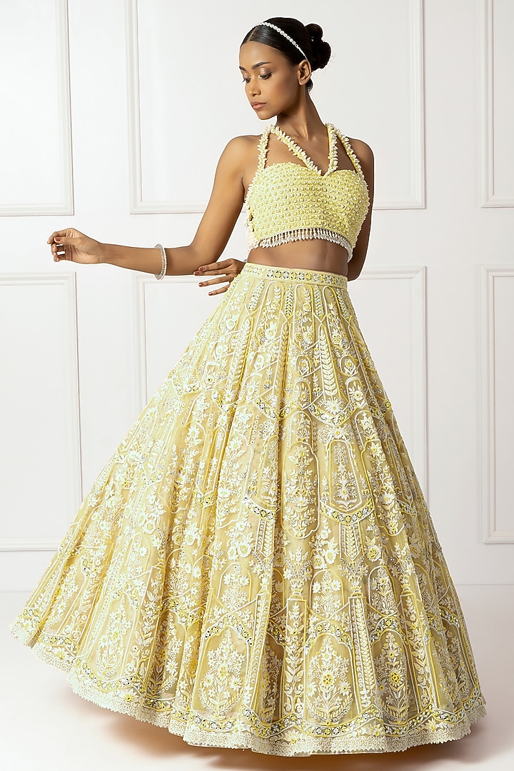 Yellow & Ivory Cotton Silk Floral Embroidered Bridal Lehenga Set by Isha Regalia at Pernia's Pop Up Shop