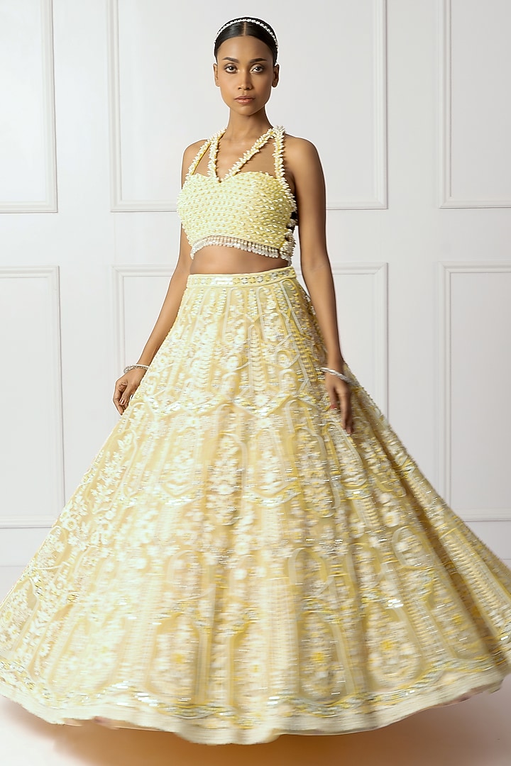 Yellow & Ivory Cotton Silk Floral Embroidered Bridal Lehenga Set by Isha Regalia at Pernia's Pop Up Shop
