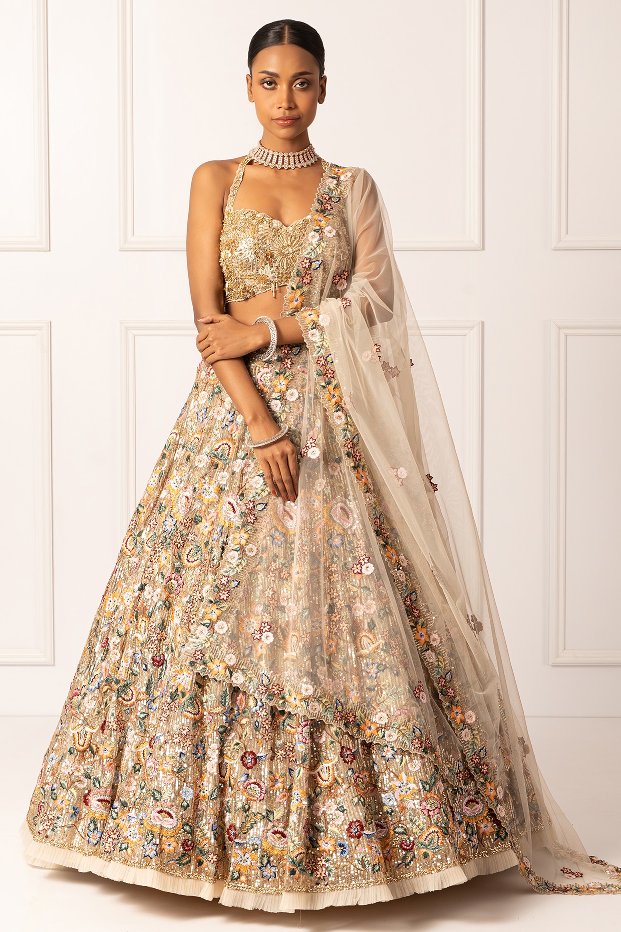 Isha Regalia Beige Satin Floral & Sequin Embroidered Lehenga Set