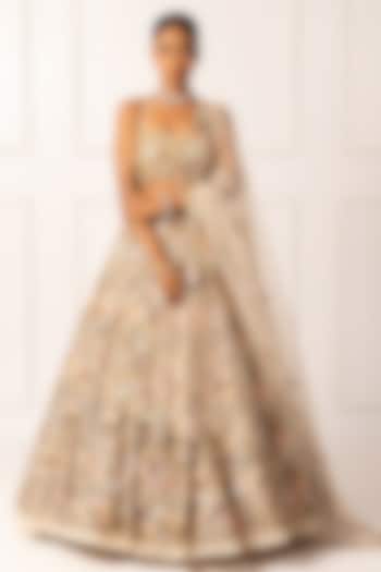 Beige Satin Floral & Sequin Embroidered Bridal Lehenga Set by Isha Regalia at Pernia's Pop Up Shop