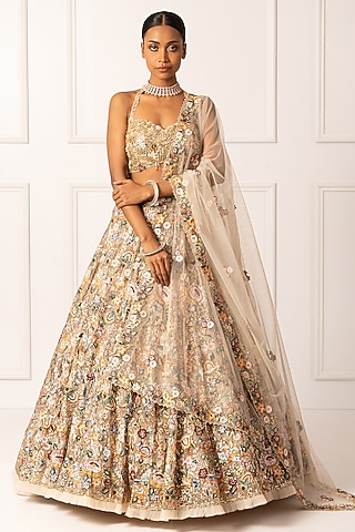 Beige Satin Floral & Sequin Embroidered Lehenga Set by Isha Regalia