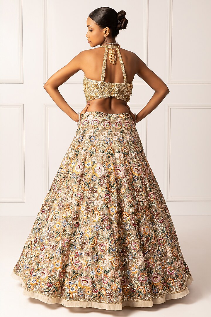 Beige Satin Floral & Sequin Embroidered Bridal Lehenga Set by Isha Regalia at Pernia's Pop Up Shop