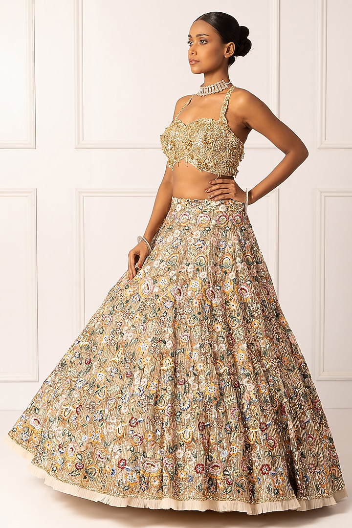 Beige Satin Floral & Sequin Embroidered Bridal Lehenga Set by Isha Regalia at Pernia's Pop Up Shop
