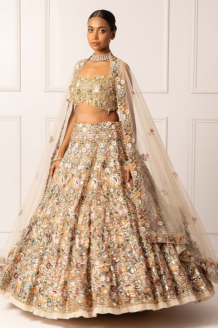 Beige Satin Floral & Sequin Embroidered Bridal Lehenga Set by Isha Regalia at Pernia's Pop Up Shop