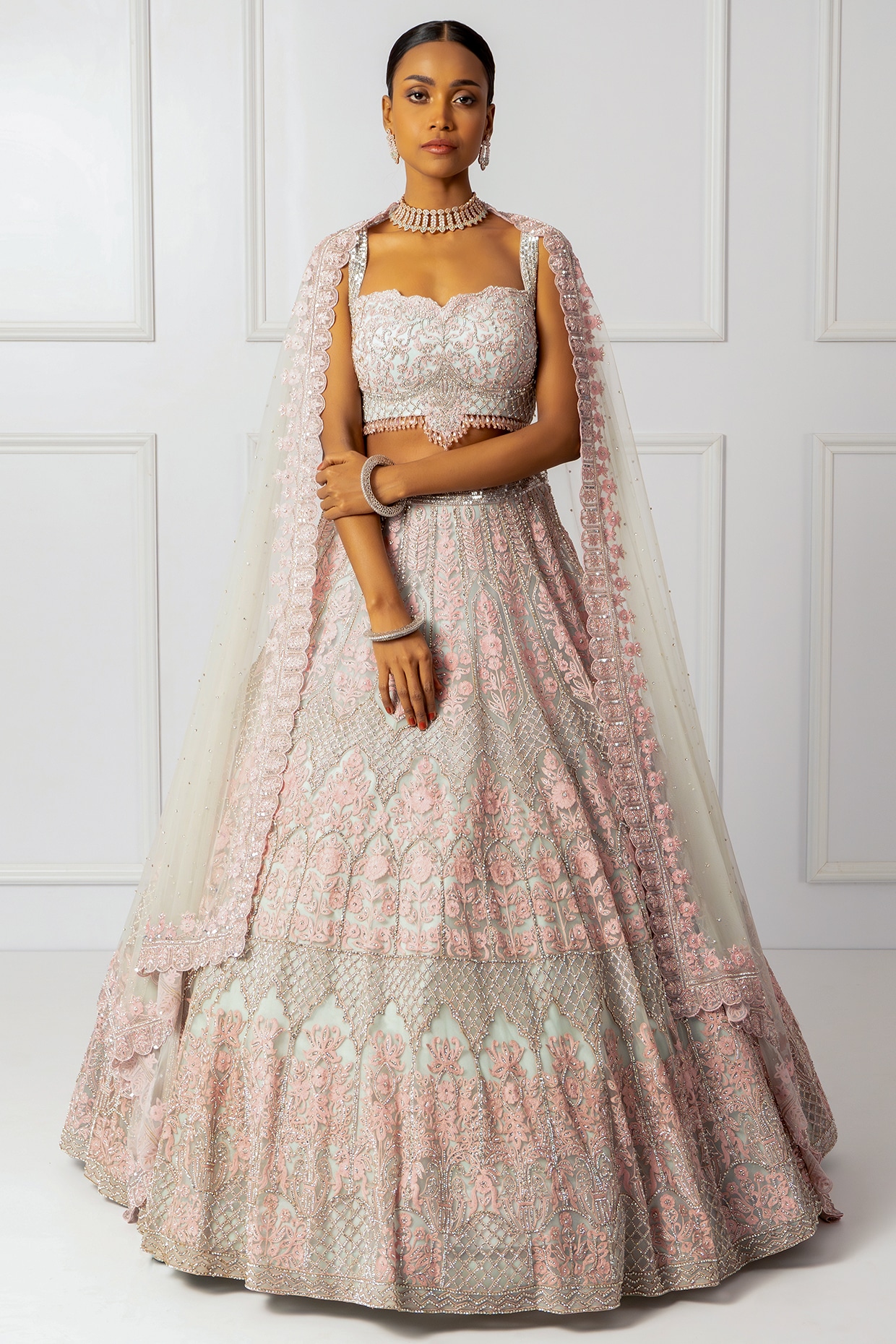 Isha Regalia Blue & Pink Satin Embroidered Lehenga Set