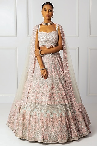 Blue & Pink Satin Embroidered Lehenga Set by Isha Regalia