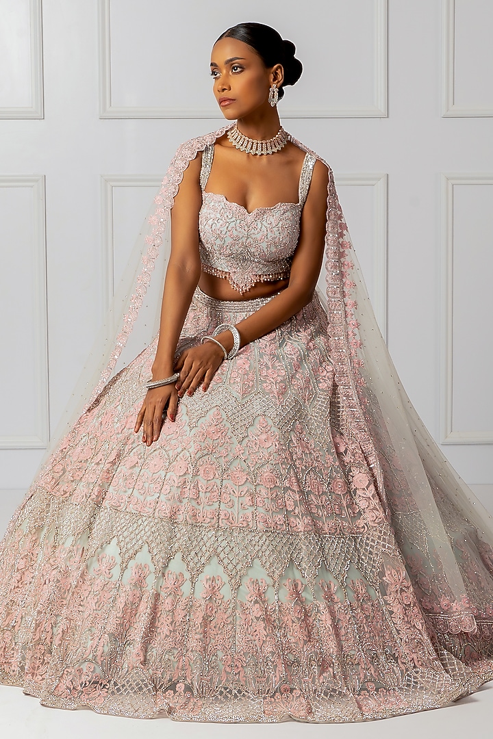Blue & Pink Satin Embroidered Bridal Lehenga Set by Isha Regalia at Pernia's Pop Up Shop