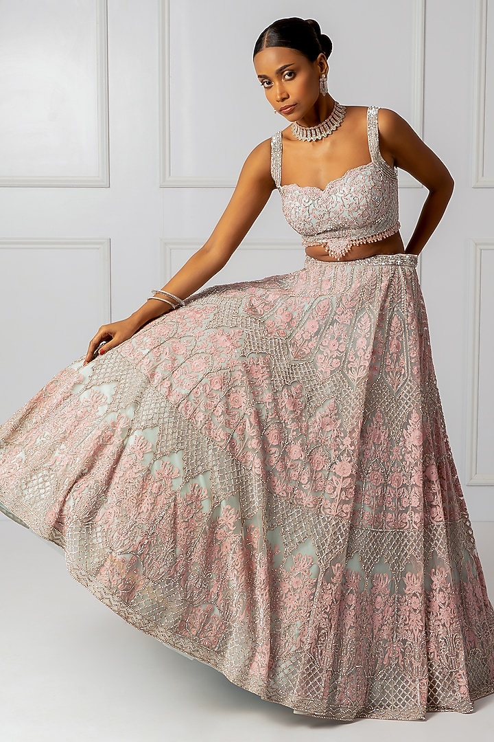 Blue & Pink Satin Embroidered Bridal Lehenga Set by Isha Regalia at Pernia's Pop Up Shop