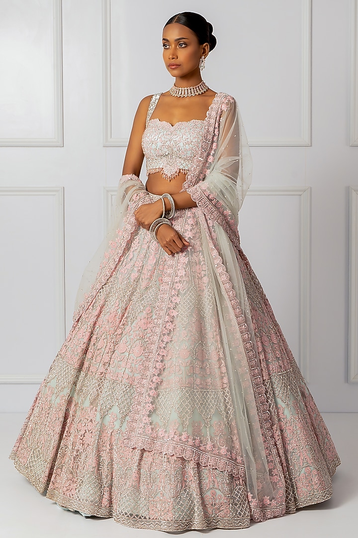 Blue & Pink Satin Embroidered Bridal Lehenga Set by Isha Regalia at Pernia's Pop Up Shop