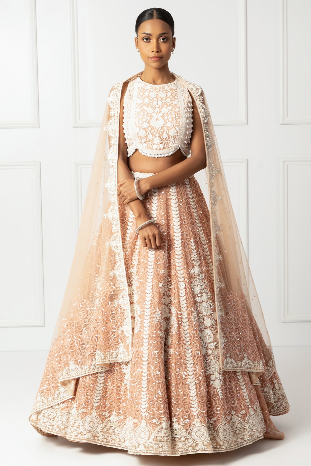 Isha Regalia Peach Satin & Net Embroidered Lehenga Set