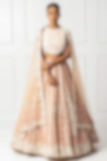 Peach Satin & Net Embroidered Bridal Lehenga Set by Isha Regalia at Pernia's Pop Up Shop