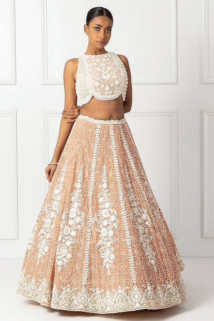 Peach Satin & Net Embroidered Bridal Lehenga Set by Isha Regalia at Pernia's Pop Up Shop