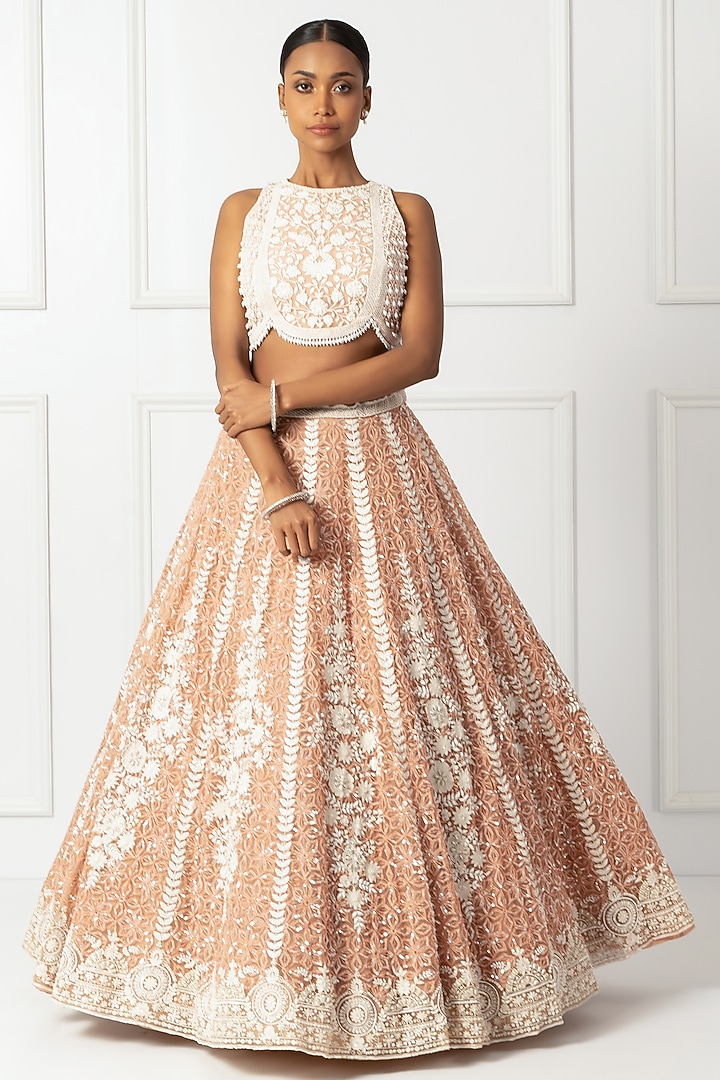 Peach Satin & Net Embroidered Bridal Lehenga Set by Isha Regalia at Pernia's Pop Up Shop