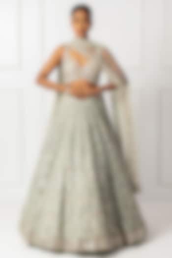 Green Cotton Silk & Embroidered Wedding Lehenga Set by Isha Regalia at Pernia's Pop Up Shop