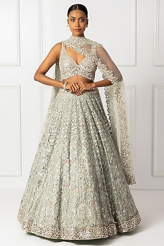 Green Cotton Silk & Embroidered Lehenga Set by Isha Regalia