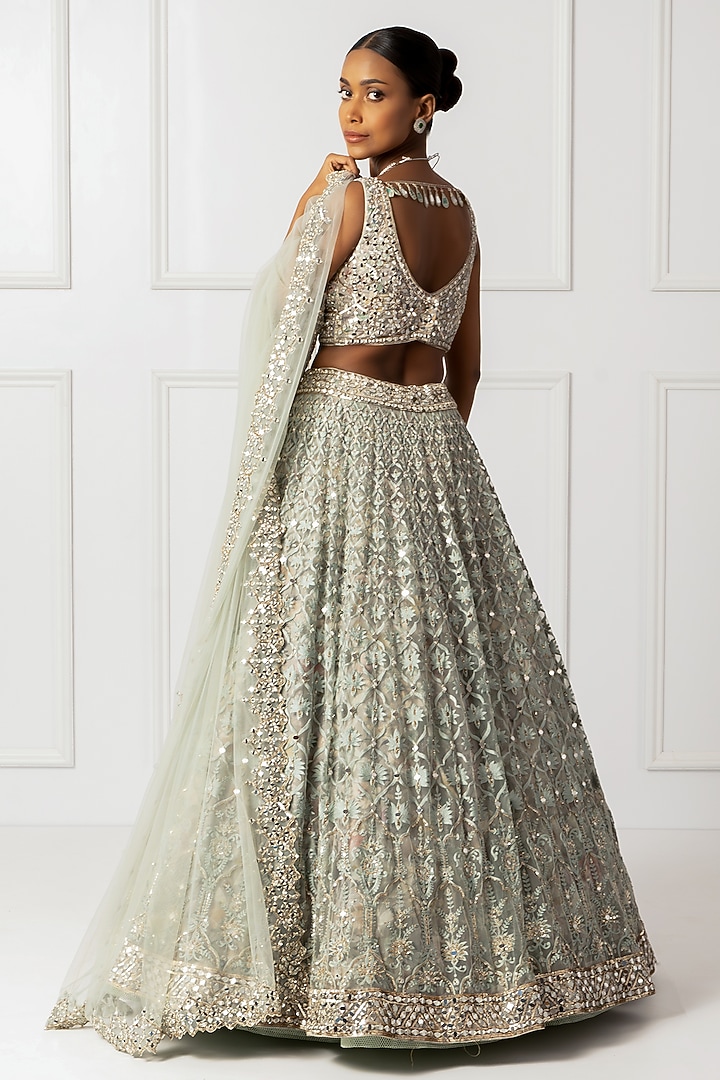 Green Cotton Silk & Embroidered Wedding Lehenga Set by Isha Regalia at Pernia's Pop Up Shop
