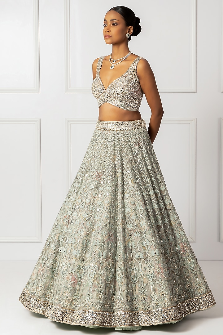 Green Cotton Silk & Embroidered Wedding Lehenga Set by Isha Regalia at Pernia's Pop Up Shop