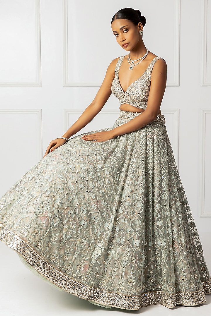 Green Cotton Silk & Embroidered Wedding Lehenga Set by Isha Regalia at Pernia's Pop Up Shop