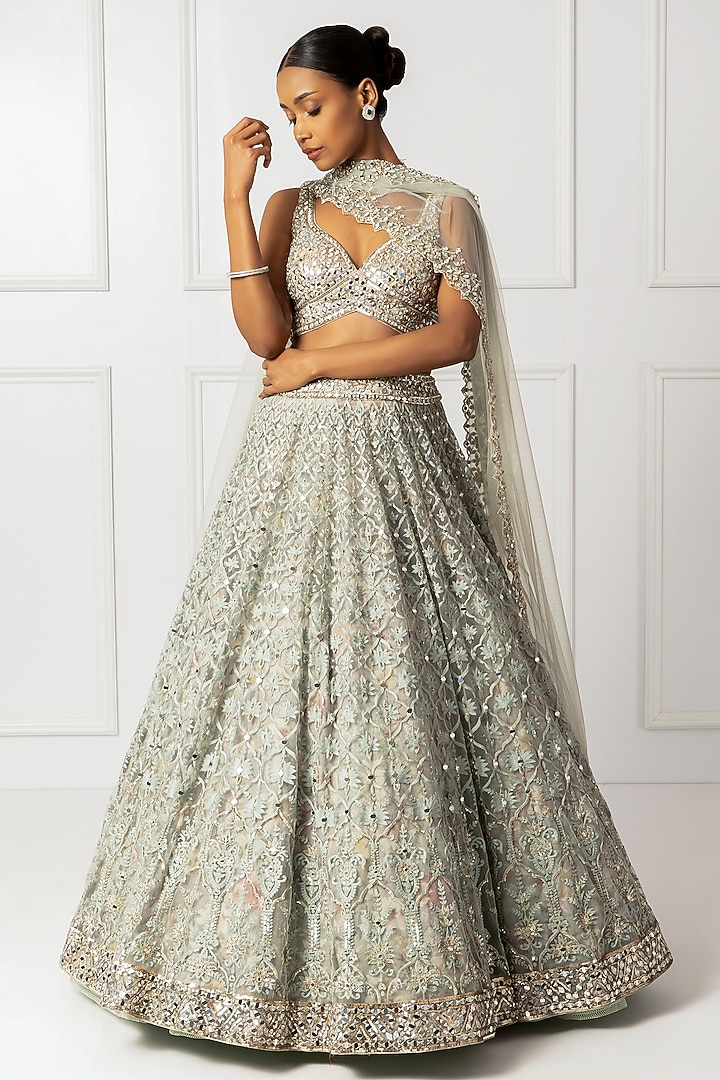 Green Cotton Silk & Embroidered Wedding Lehenga Set by Isha Regalia at Pernia's Pop Up Shop