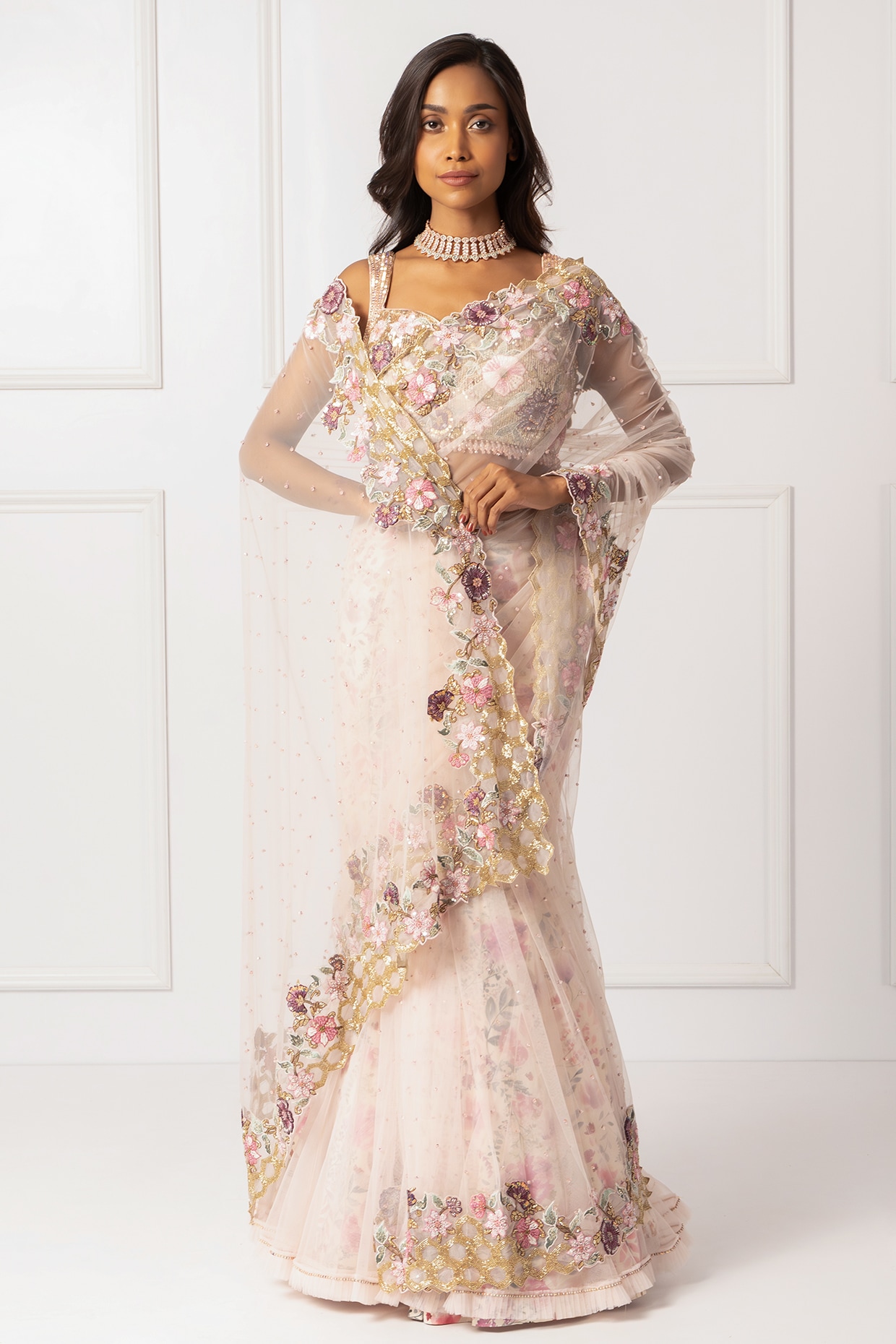 Isha Regalia Pink Cotton Silk & Net Embroidered Draped Saree Set