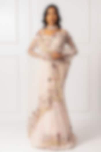 Pink Cotton Silk & Net Embroidered Draped Reception Saree Set by Isha Regalia at Pernia's Pop Up Shop