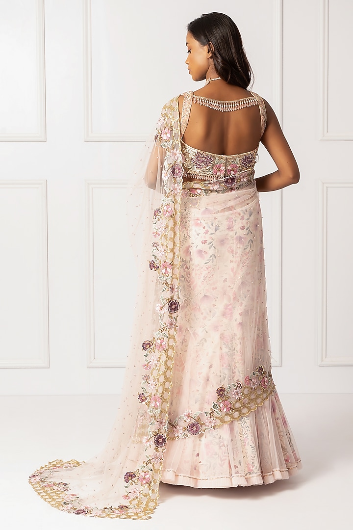 Pink Cotton Silk & Net Embroidered Draped Reception Saree Set by Isha Regalia at Pernia's Pop Up Shop