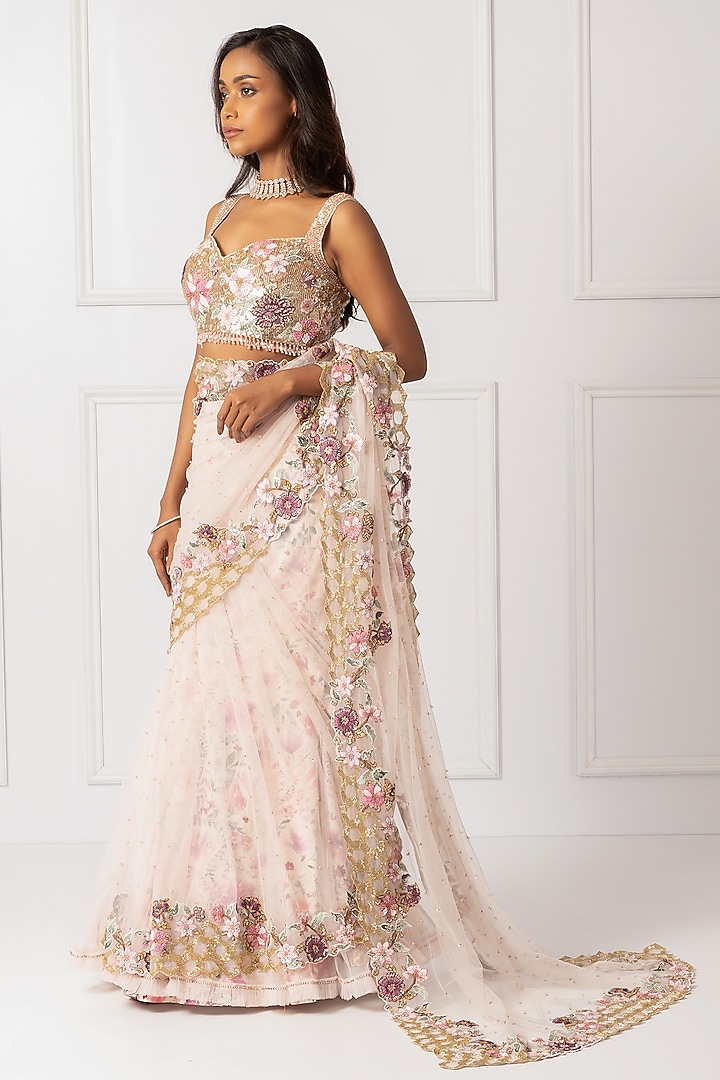 Pink Cotton Silk & Net Embroidered Draped Reception Saree Set by Isha Regalia at Pernia's Pop Up Shop