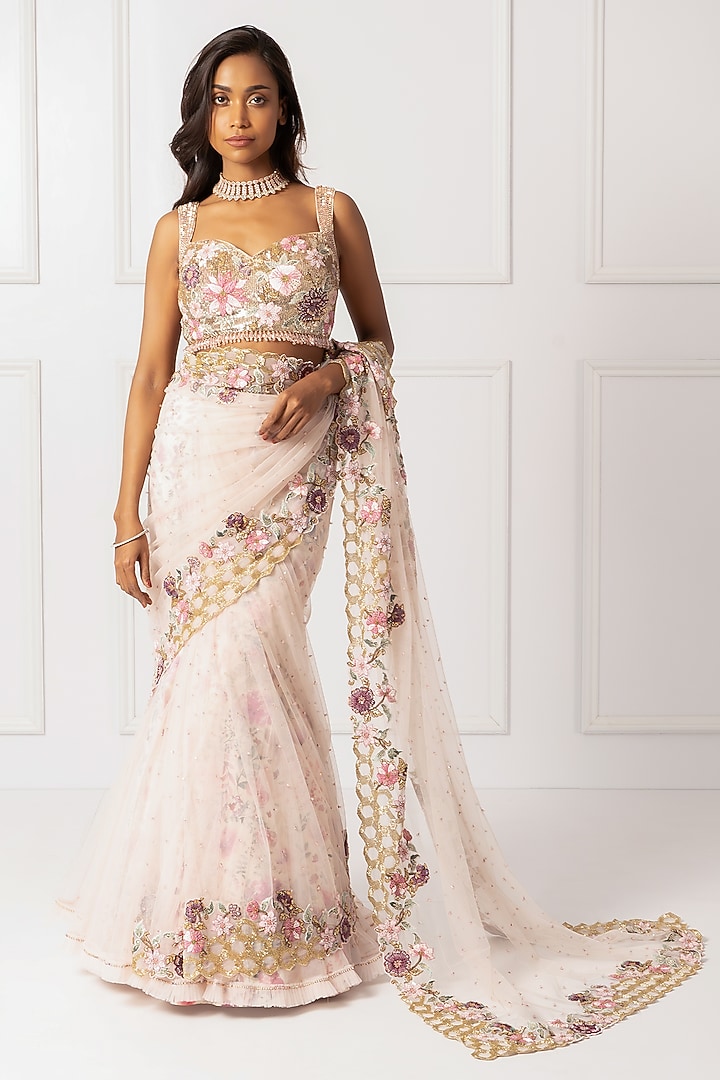 Pink Cotton Silk & Net Embroidered Draped Reception Saree Set by Isha Regalia at Pernia's Pop Up Shop