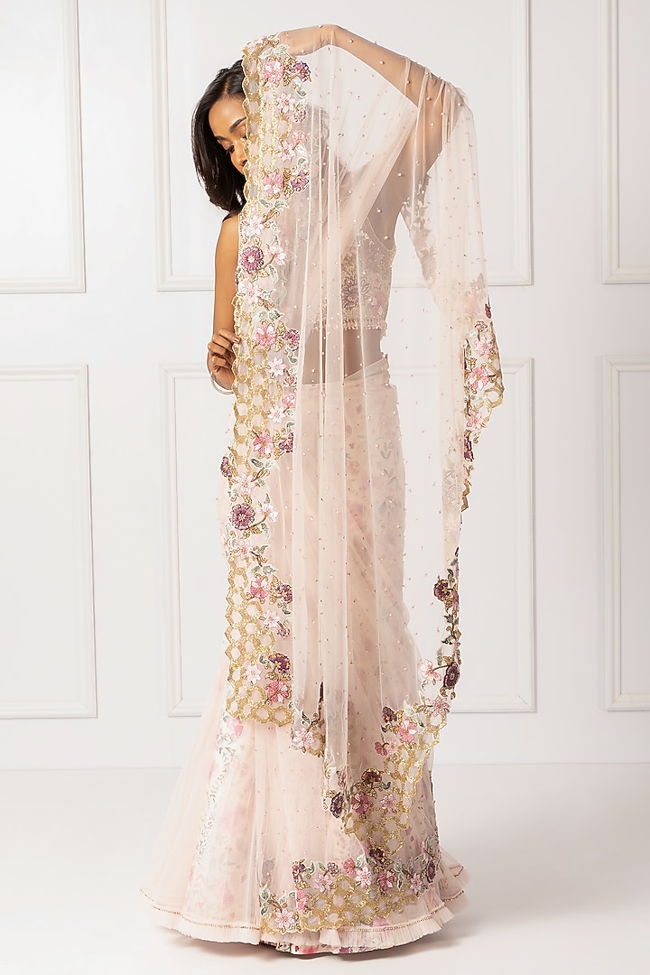 Pink Cotton Silk & Net Embroidered Draped Reception Saree Set by Isha Regalia at Pernia's Pop Up Shop