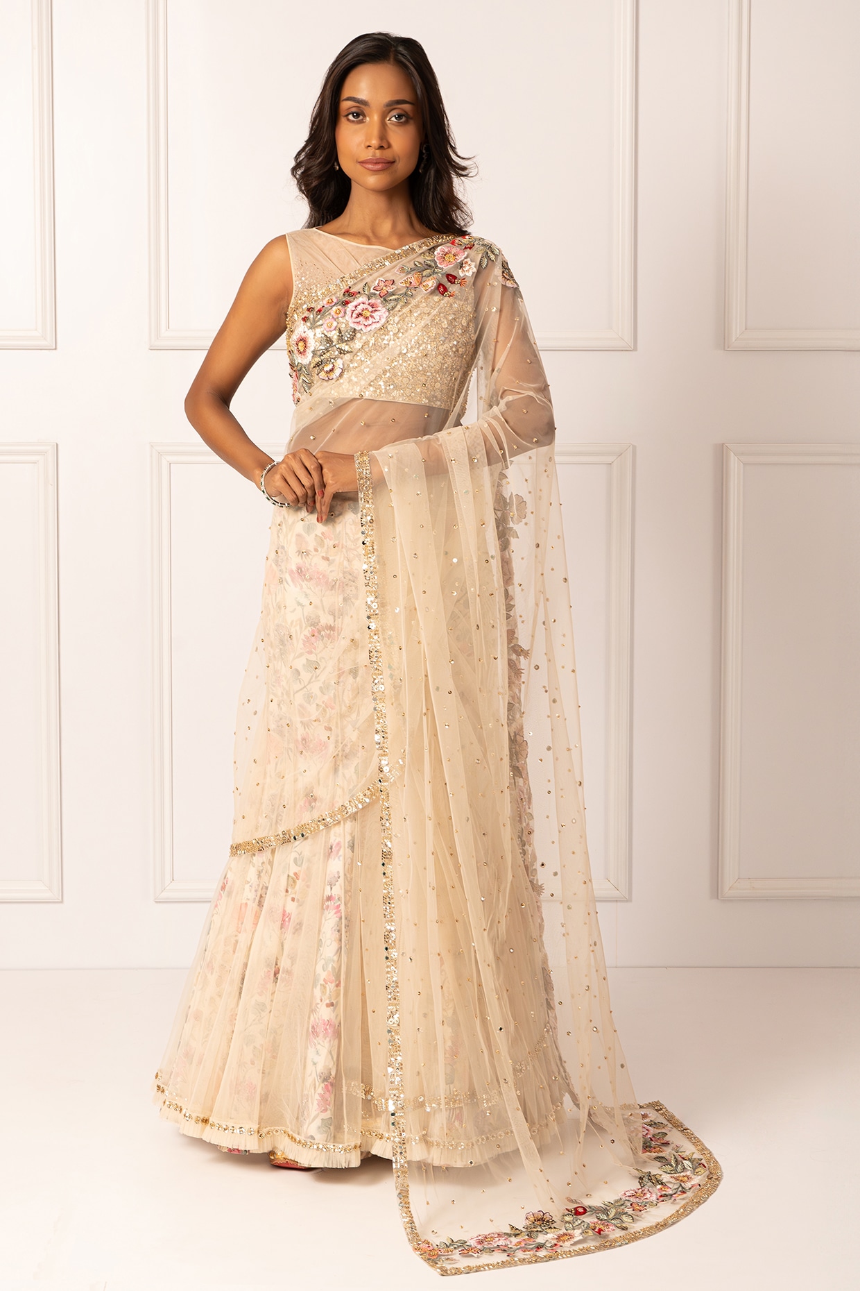 Isha Regalia Golden Cotton Silk & Net Embroidered Draped Saree Set
