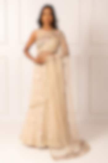 Golden Cotton Silk & Net Embroidered Draped Wedding Saree Set by Isha Regalia at Pernia's Pop Up Shop