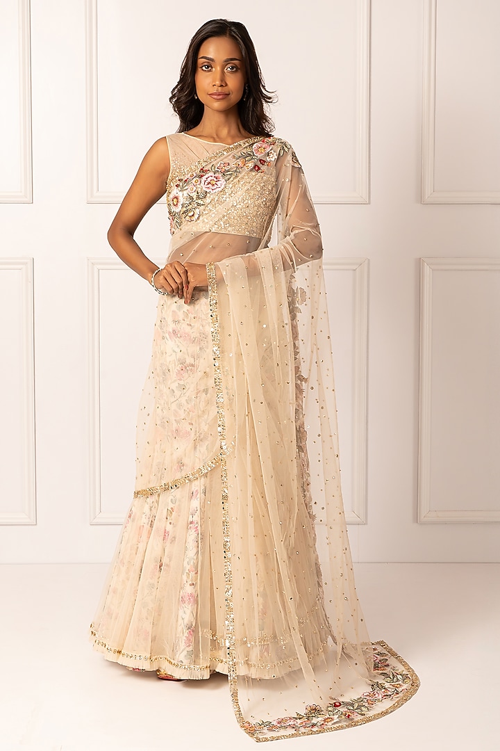 Golden Cotton Silk & Net Embroidered Draped Wedding Saree Set by Isha Regalia at Pernia's Pop Up Shop