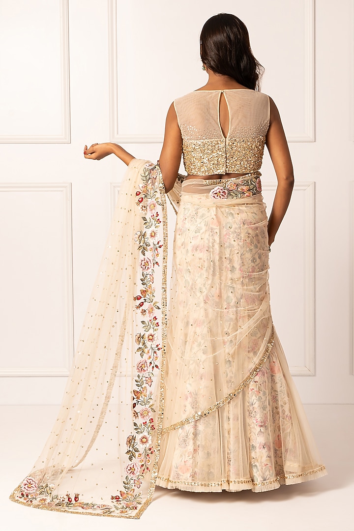 Golden Cotton Silk & Net Embroidered Draped Wedding Saree Set by Isha Regalia at Pernia's Pop Up Shop