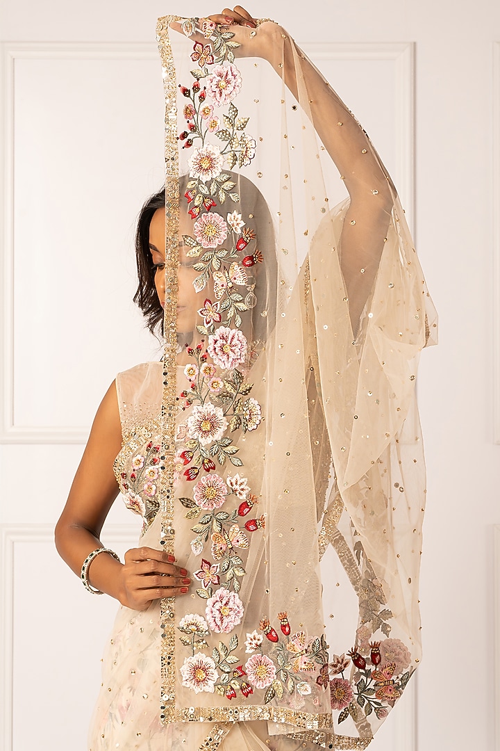 Golden Cotton Silk & Net Embroidered Draped Wedding Saree Set by Isha Regalia at Pernia's Pop Up Shop